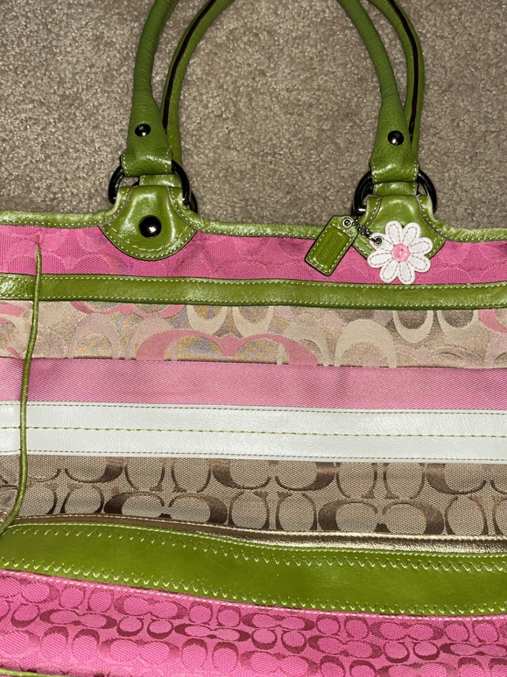 Rare vintage Y2K Coach Pink, Lime & Tan Striped Shoulder Tote